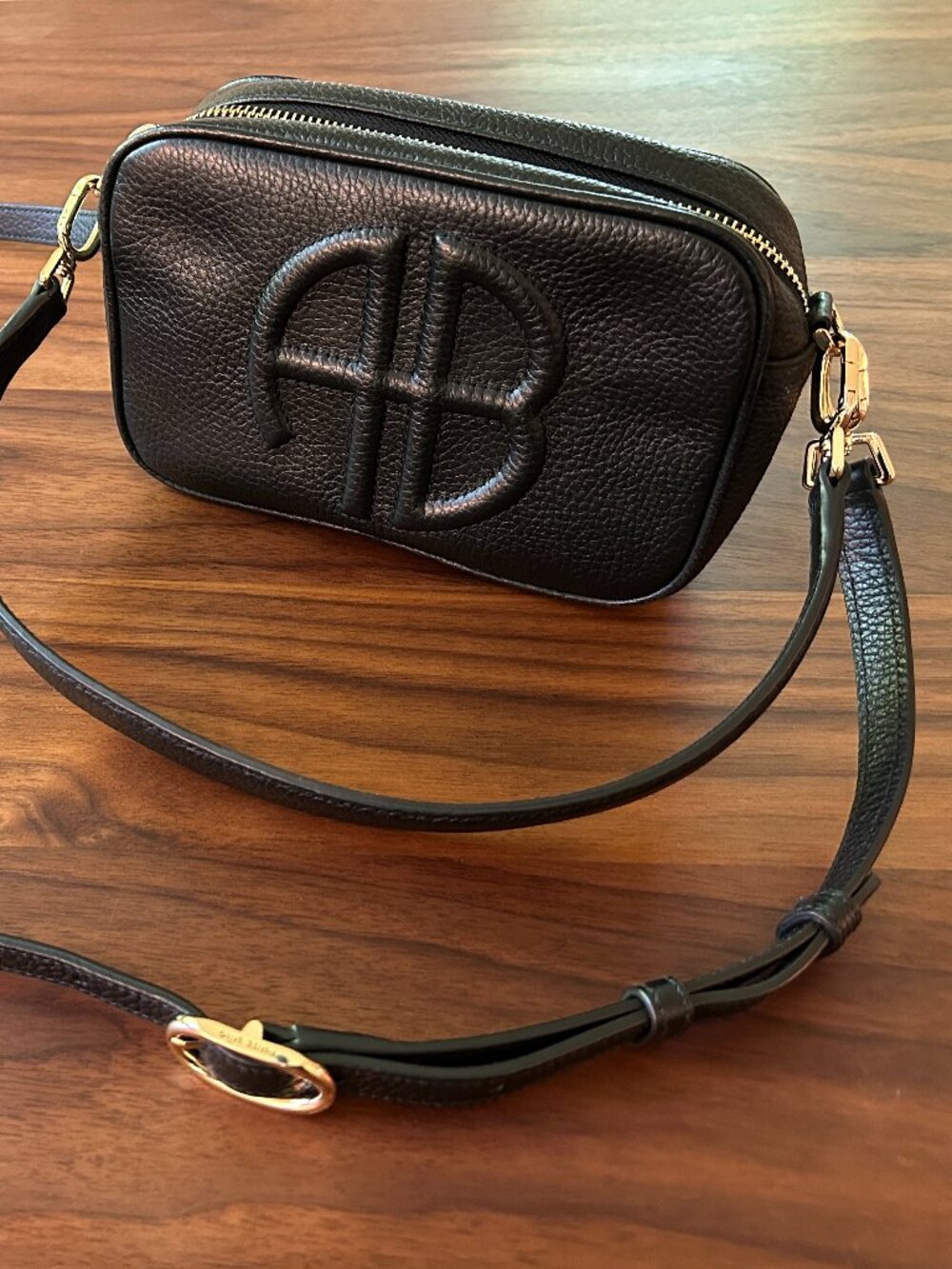 Anine Bing Black Pebbled Leather AB Logo Camera Crossbody Bag